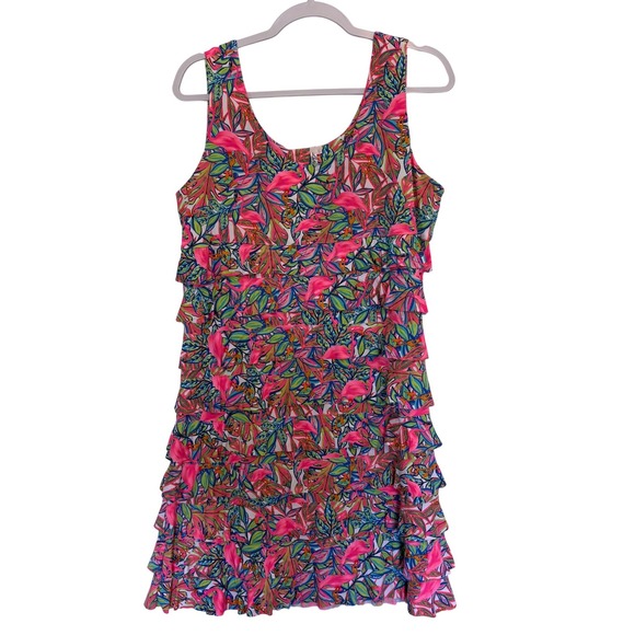 Lulu-B Dresses & Skirts - Lulu-B Cha Cha Ruffle Dress L Neon Pink Flamingo Tropical Beach Vacation